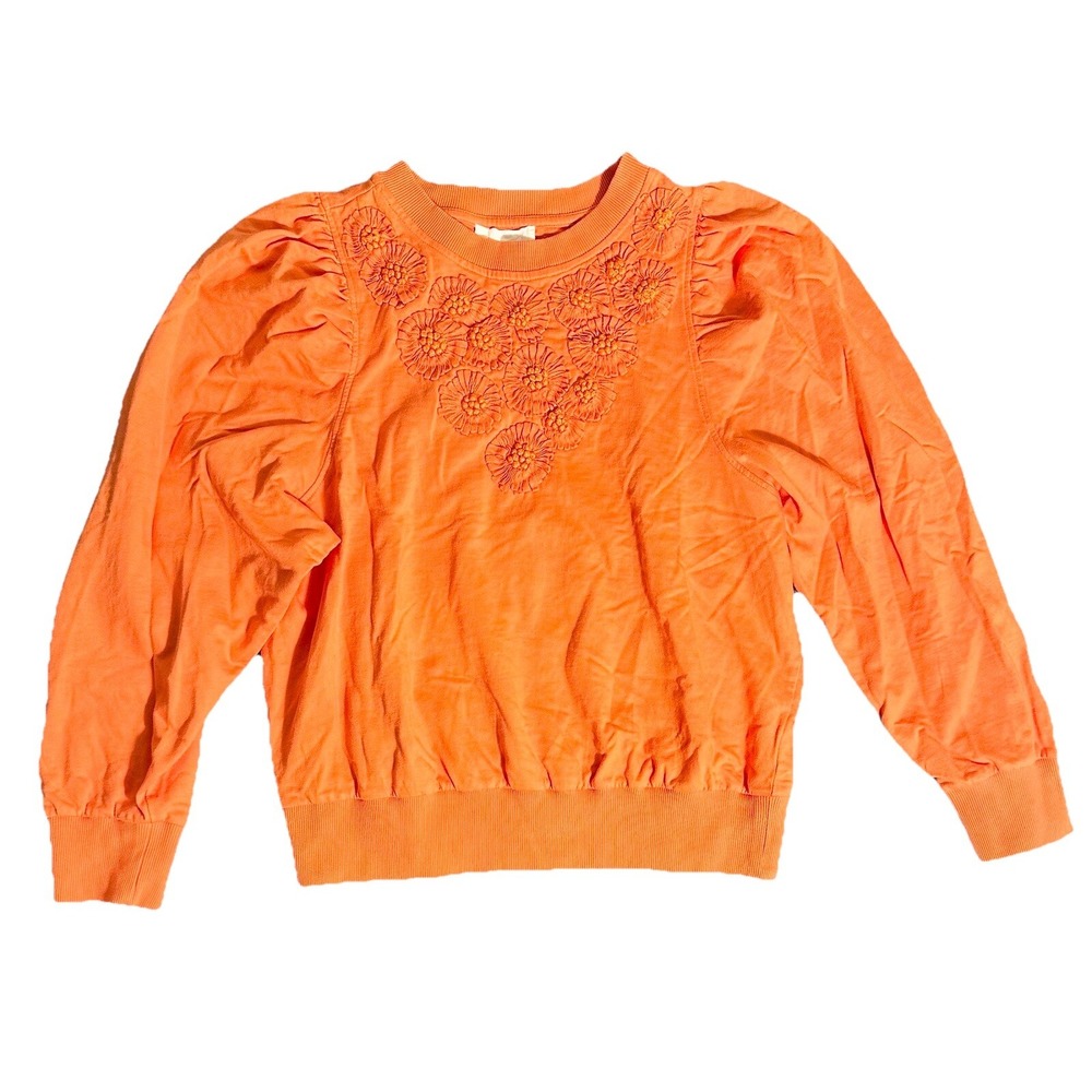 Anthropologie Daily Practice XL 3D Floral Sweater Puff‎ Sleeve Color Orange